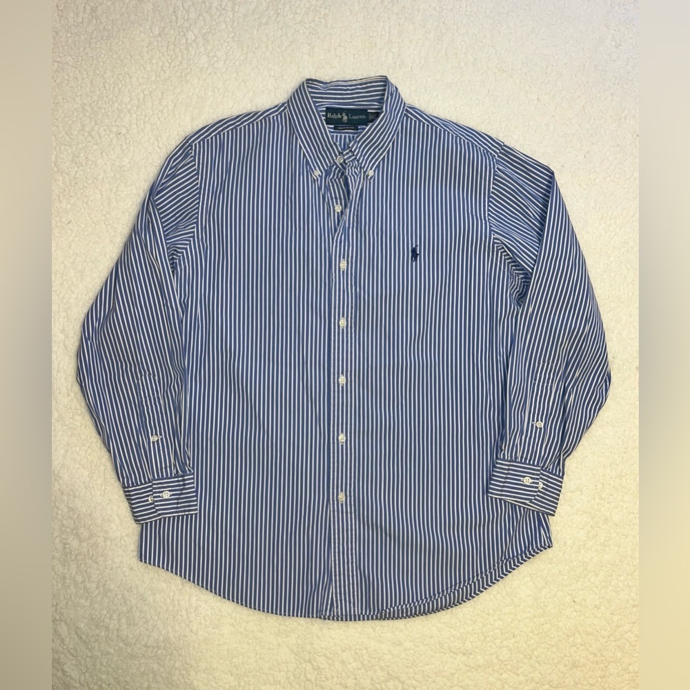 Ralph Lauren Oxford Blue White Striped Dress Shirt Men’s Size 16.5 32/33